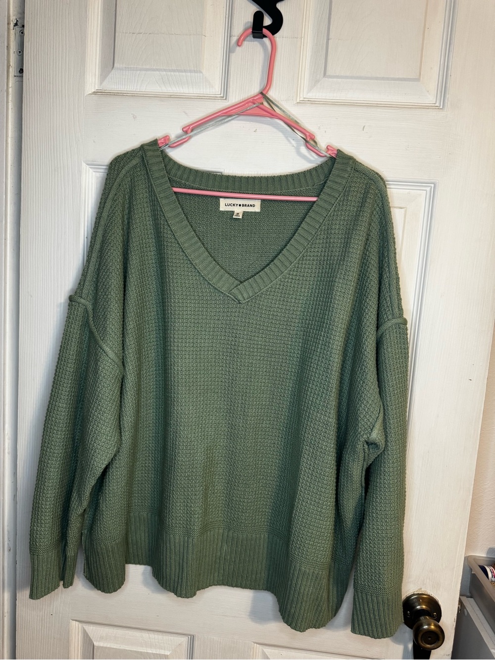 Lucky Brand Sage Green Waffle Knit V-Neck Sweater 3X | Oversized Cozy Pullover
